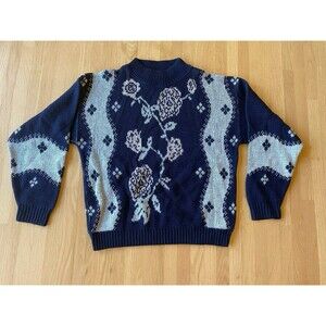 Jonathan Cass Vintage 80’s Cottagecore Navy Cross-stitch Sweater Made In The USA